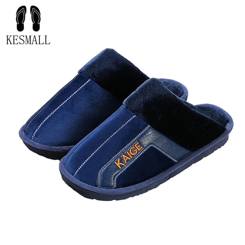 

KESMALL Men Indoor Slippers Winter Warm Fur Slippers For Men Shoes Home Waterproof Man Slippers Flat Plush Large Big Size 48