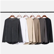 Men's Long Sleeve T-shirt Mid Long High Street Curved Round Neck Basic Solid Color Bottoming Shirt Boys Tops Casual Menswear black round neck long sleeves curved hem t shirt