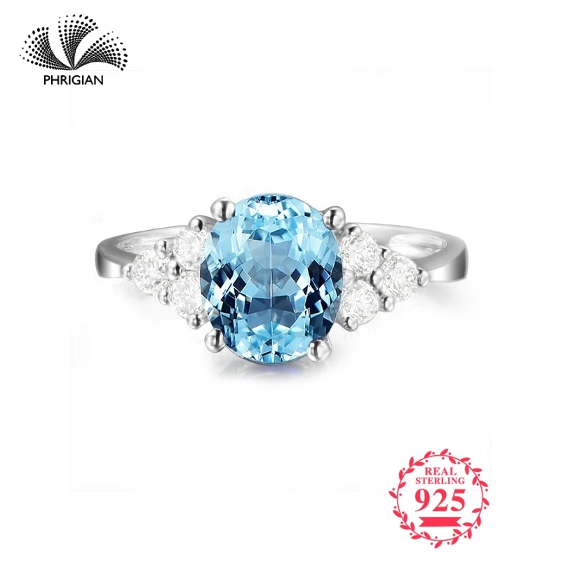 

NOT FAKE Fine Engraving Ring S925 Sterling silver Gemstone oval cut ring Women custom jewelry 925 carat Blue TOPAZ RING