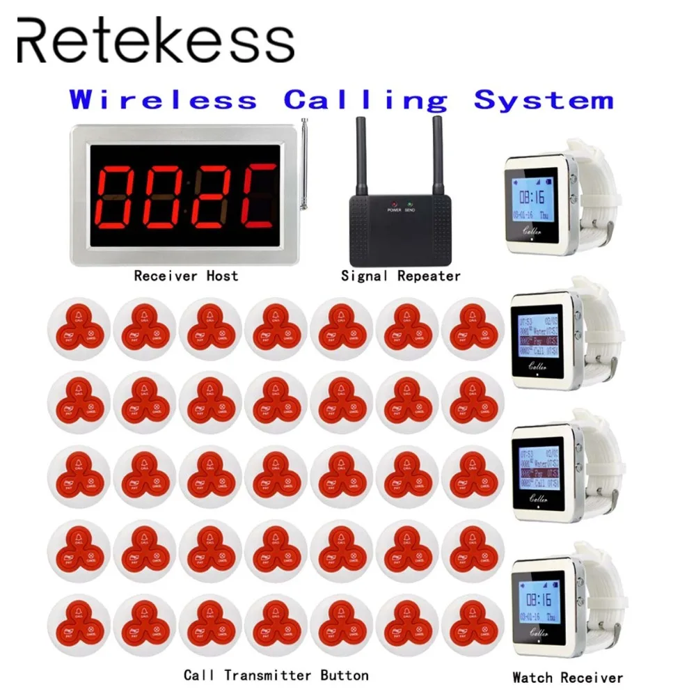 

Wireless Calling Paging System for Cafe Restaurant Bar 1 Receiver Host +4 Watch Receiver +1 Signal Repeater +35 Transmitter