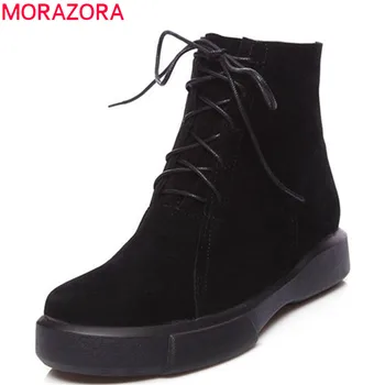 

MORAZORA 2020 new arrival flock short plush autumn winter ankle boots for women lace up casual thick flat shoes woman black