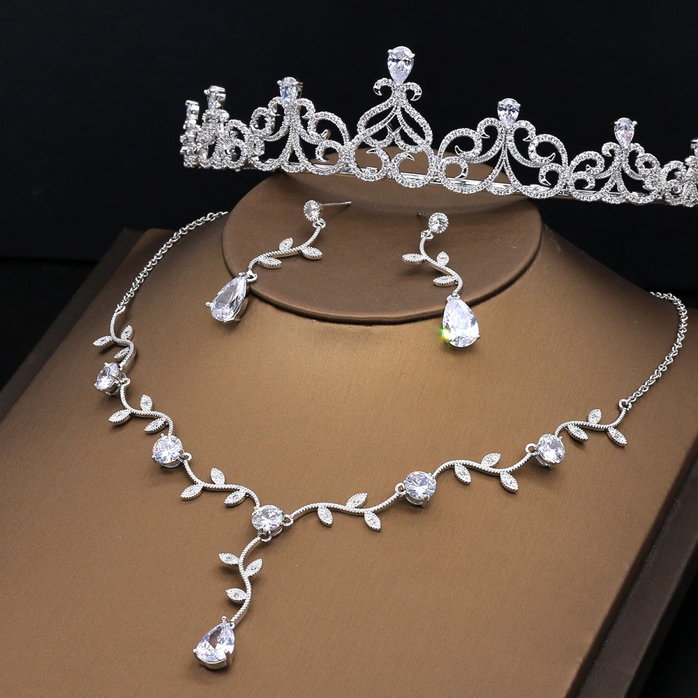 

Princess Bridal Jewelry Sets Cubic Zirconia Micro Inlays Crown Tiara Wedding Bijoux Gifts AAA Zircon Stone Necklace Earrings New