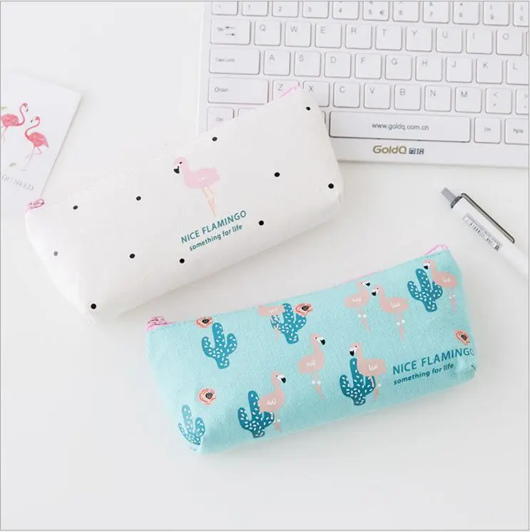 nice flamingo bird green cactus canvas large capacity pencil case