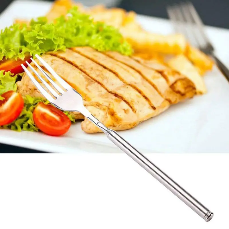 1pcs Stainless Steel BBQ Telescopic Extendable Fork Dessert Fruit Fork Party Barbecue Long Fork