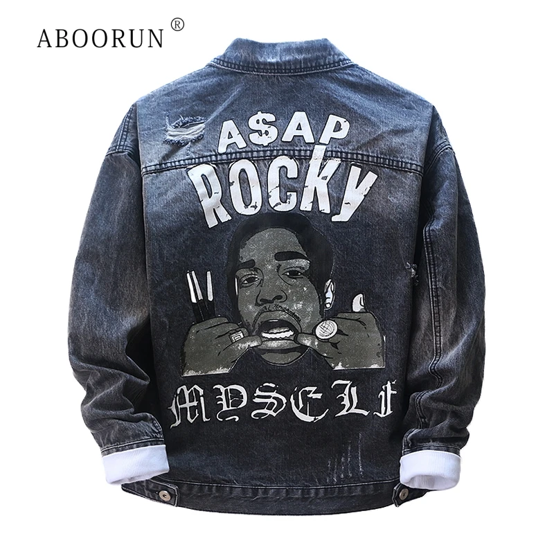 

ABOORUN Hi Street Men's Ripped Denim Jackets Gothic Rocky Printed Jeans Jackets Hip Hop Coat for Male R327