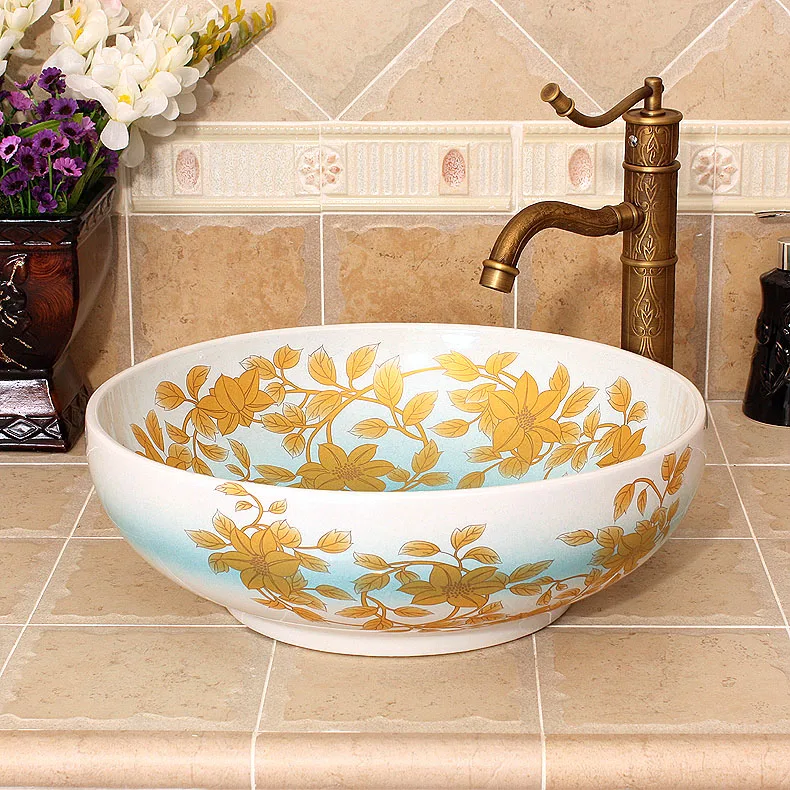 

White with blue Europe style chinese Jingdezhen Art Counter Top ceramic bathroom sink ceramic basin sink bathroom sinks ceramic