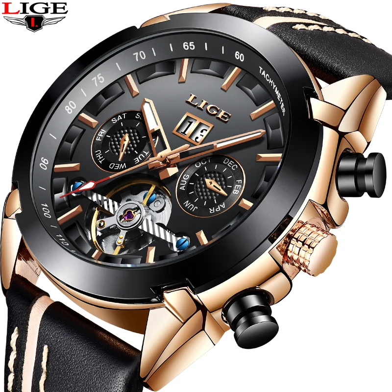 

LIGE Mens Watches Top Brand Luxury Tourbillon Automatic Watch Leather Waterproof Sport Luminous Clock Relogio Masculino+Box