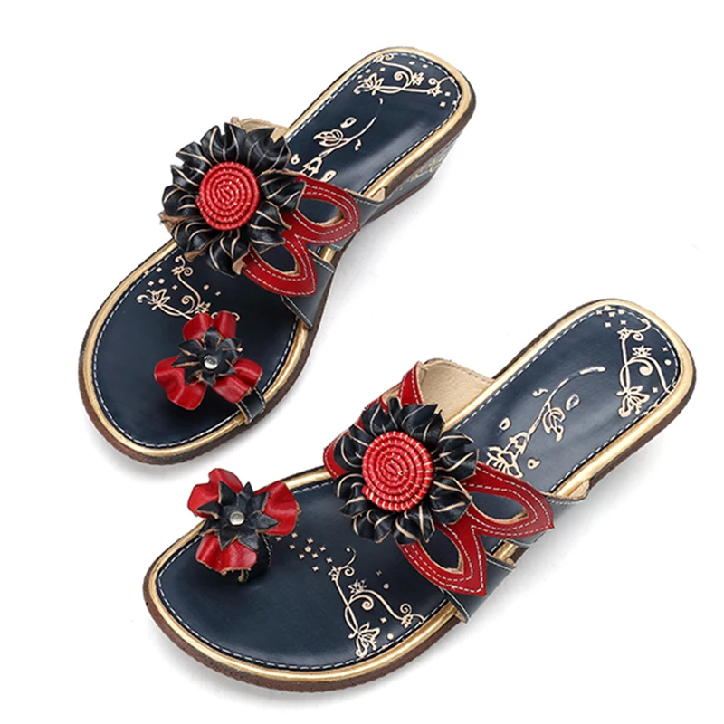 Socofy Flip Flops Slippers Women Shoes Genuine Leather Vintage Flower Ladies Shoes Summer Casual Slippers Beach Flat Slides New