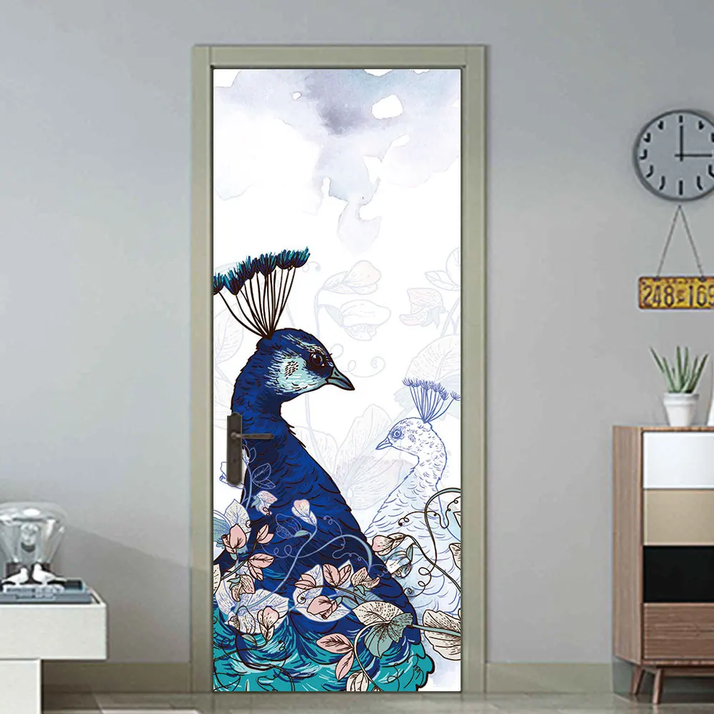 

Beautiful Retro Peacock Painting Creative 3d Door Stickers Personality Wooden Door Home Decoration Wall Stickers