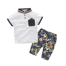 Gentleman kids Summer Clothes Short Sleeve Shirt+Print Flower Pants Party Baby Boys Clothes New Boys Clothing 2pcs/Set clothes