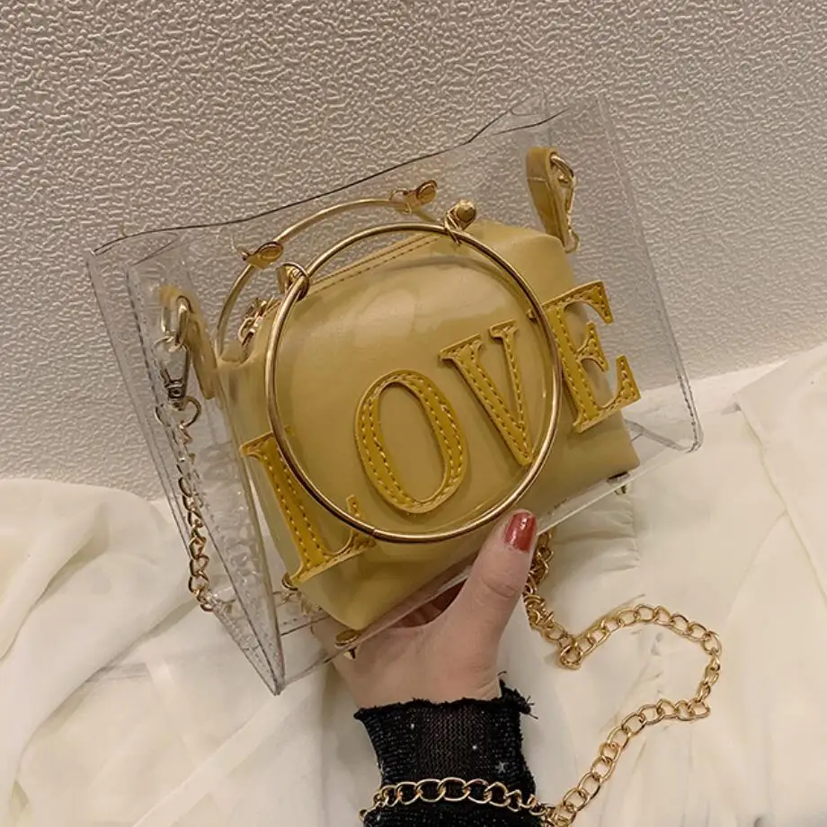 

Summer Transparent Jelly bag Metal Ring Tote bag Quality PVC Women's Designer Handbag Letter Chain Shoulder Messenger Bag X1-99