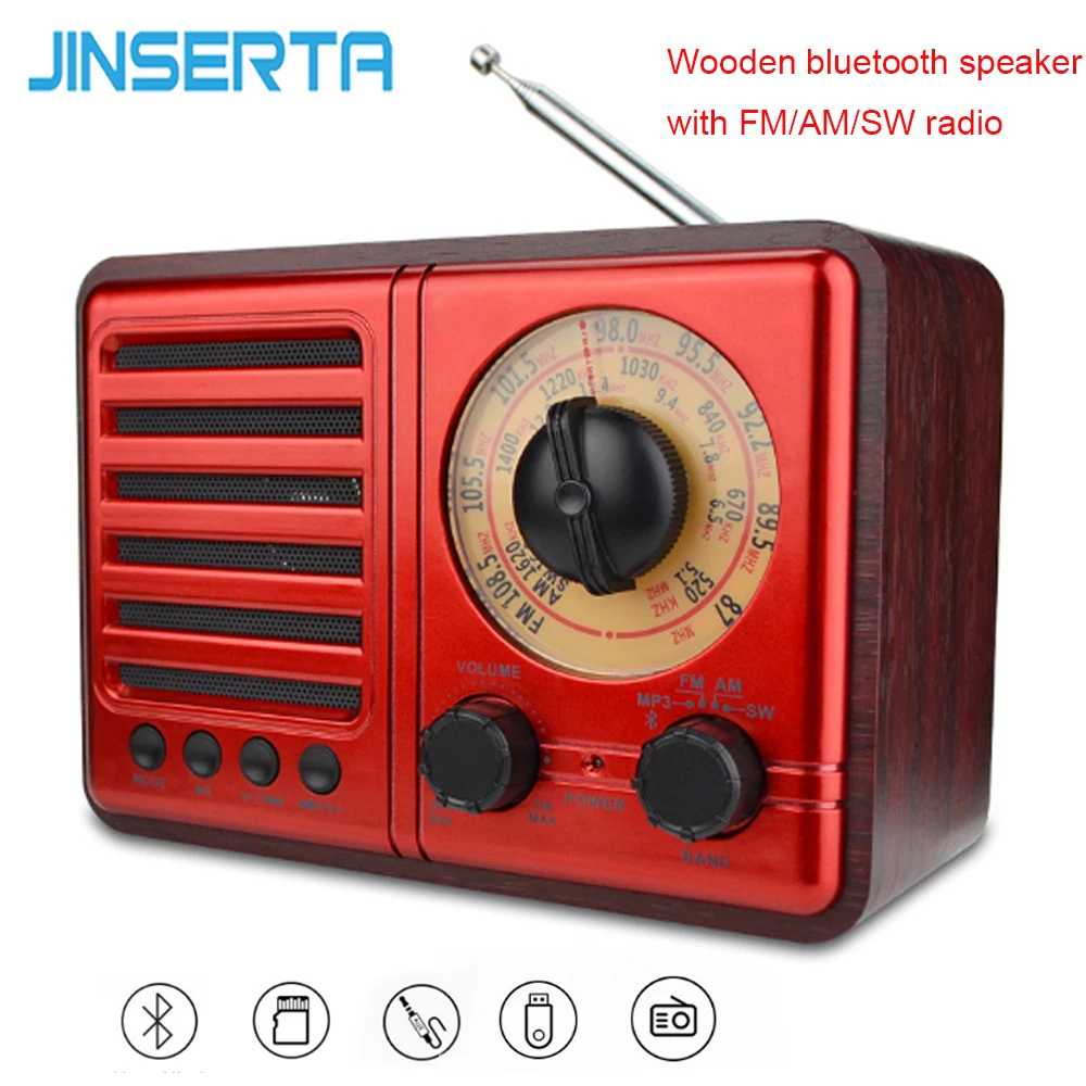 JINSERTA Деревянный беспроводной Bluetooth динамик портативный 5 Вт музыкальный плеер с FM/AM/SW радио зарядный кабель Поддержка TF карты USB AUX
