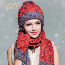 Charles Perra Women Winter Hats Scarves Gloves Three-Piece Sets Thicken Velvet Liner Casual Elegant Lady Knitted Hat 8906 Charles Perra Women Winter Hats Scarves Gloves Three-Piece Sets Thicken Velvet Liner Casual Elegant Lady Knitted Hat 8906