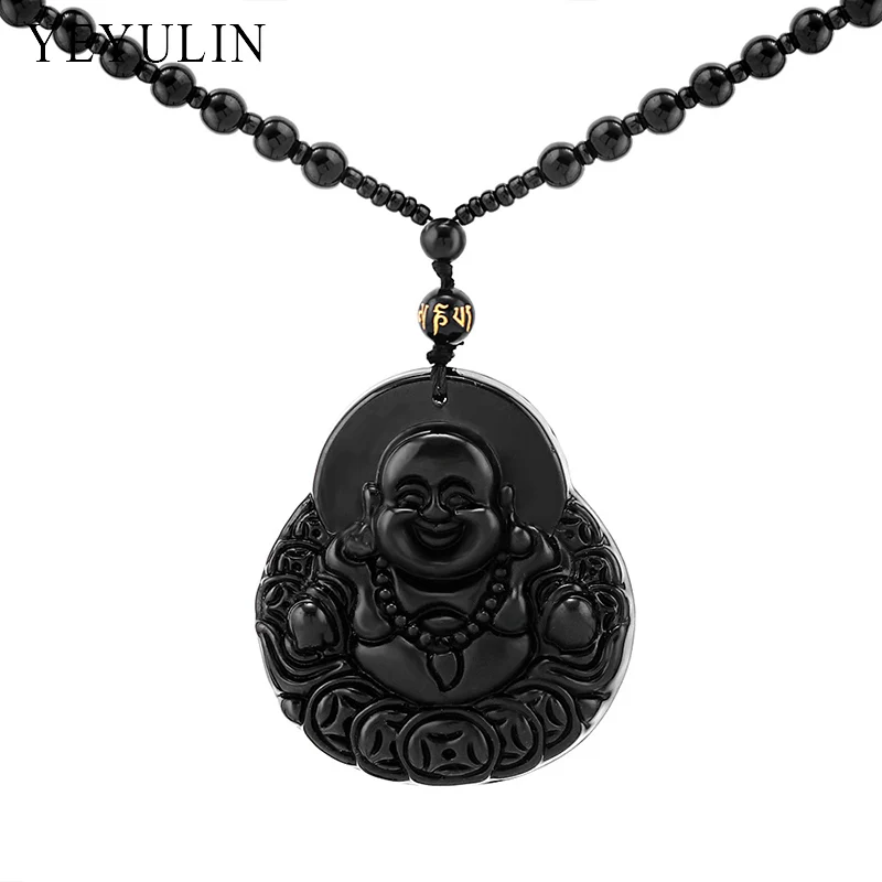 Чудесный резной кулон с изображением Будды и Гуаньинь Maitreya Lion Black Obsidian Lucky blession ожерелье ювелирные изделия для женщин и мужчин