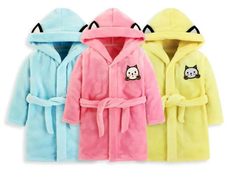 Baby Flannel Bathrobes Robe Kids Cartoon Sleepwear Hooded Robes for Girls Cat Pajamas Boys Thick PJS Children Home Wear Clothing