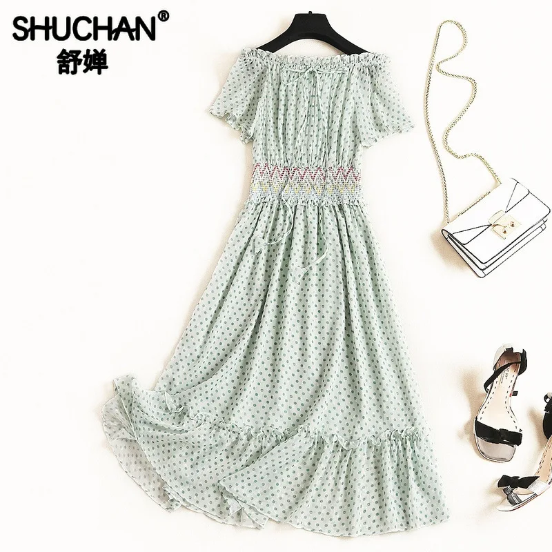 

Shuchan Off The Shoulder Beach Style Summer Dress with Polka Dots Short Sleeve Midi Dress Vestidos Largos De Verano 11770