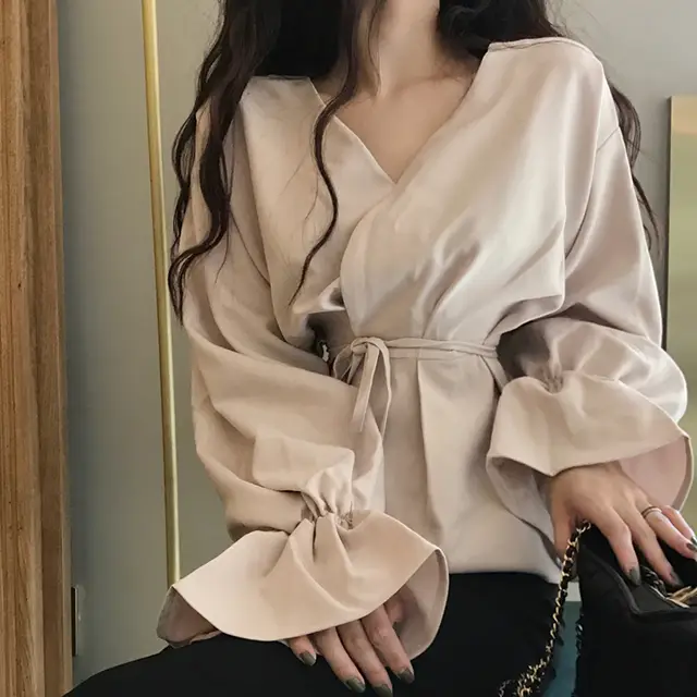 2019 damska bluzka wiosna nowy elegancki Temperament koszule AliExpress V Neck bluzka moda damska Temperament złoty