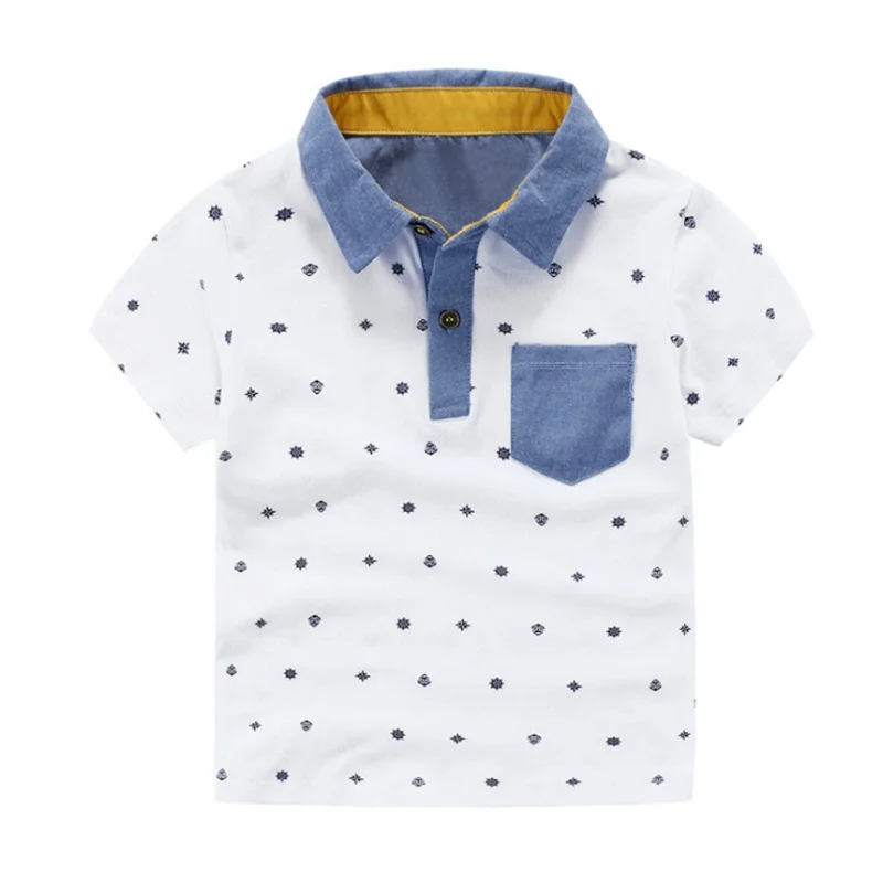Детские рубашки летние простые рубашки с короткими рукавами и отложным воротником для мальчиков детская рубашка с принтом футболки, детская рубашка одежда для детей - Цвет: Белый