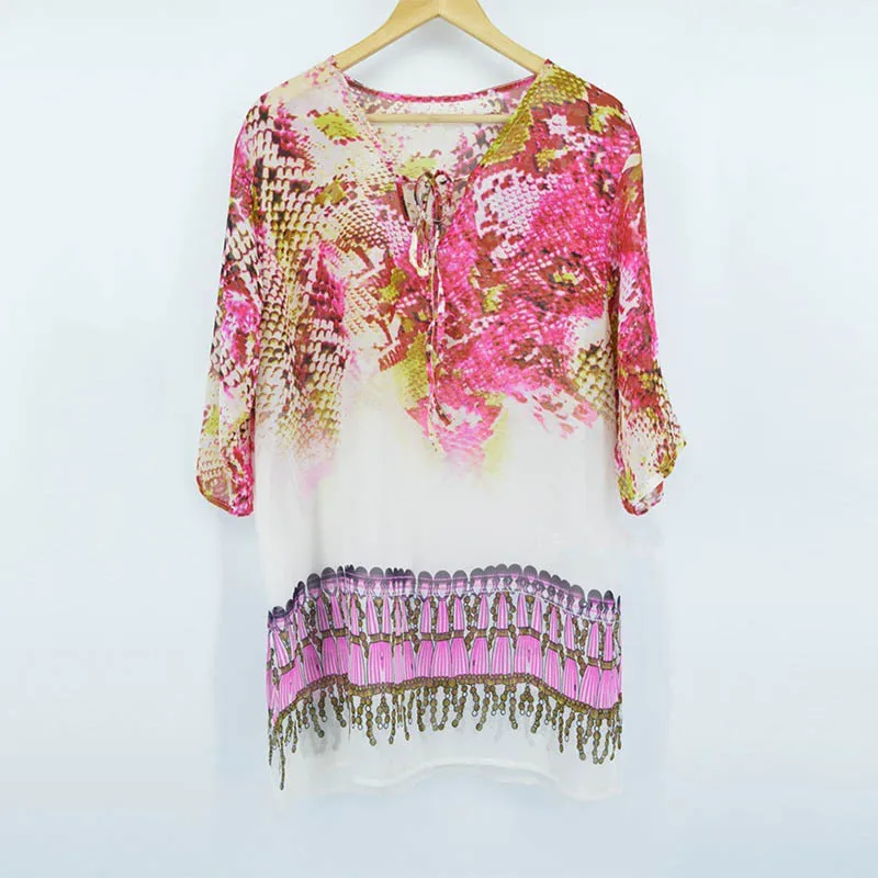 Women's Chiffon V-neck Lace Up Long Blouse Half Sleeve Side Open Beach Snake Bikini Shirts Female 2019 Fashion Casual Women Top