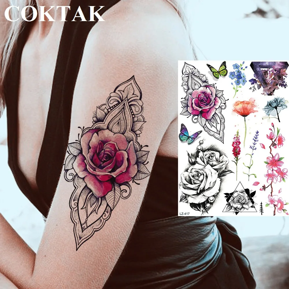 

Watercolor Pink Rose Girls India Arm Tattoos Stickers Waterproof Fake Body Women Tattoos Temporary Custom Triangle Flower Tatoos