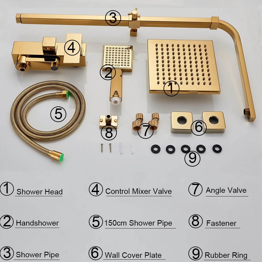 Bathroom Shower Faucet Set Rozin Golden Bathroom Shower Faucet Set 8" Rainfall Shower Mixer Crane Wall Mounted with Hand Bath Rain Column Tap