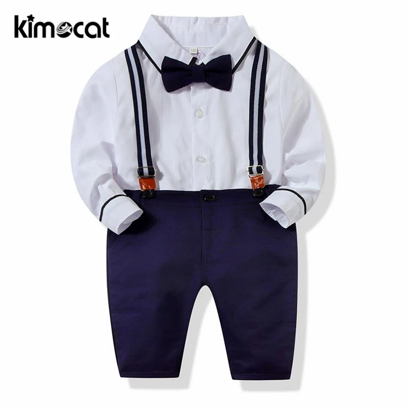 Kimocat Baby Boy Clothes Summer Gentleman Short Sleeve Bowtie Suspenders Shorts Outfit Set