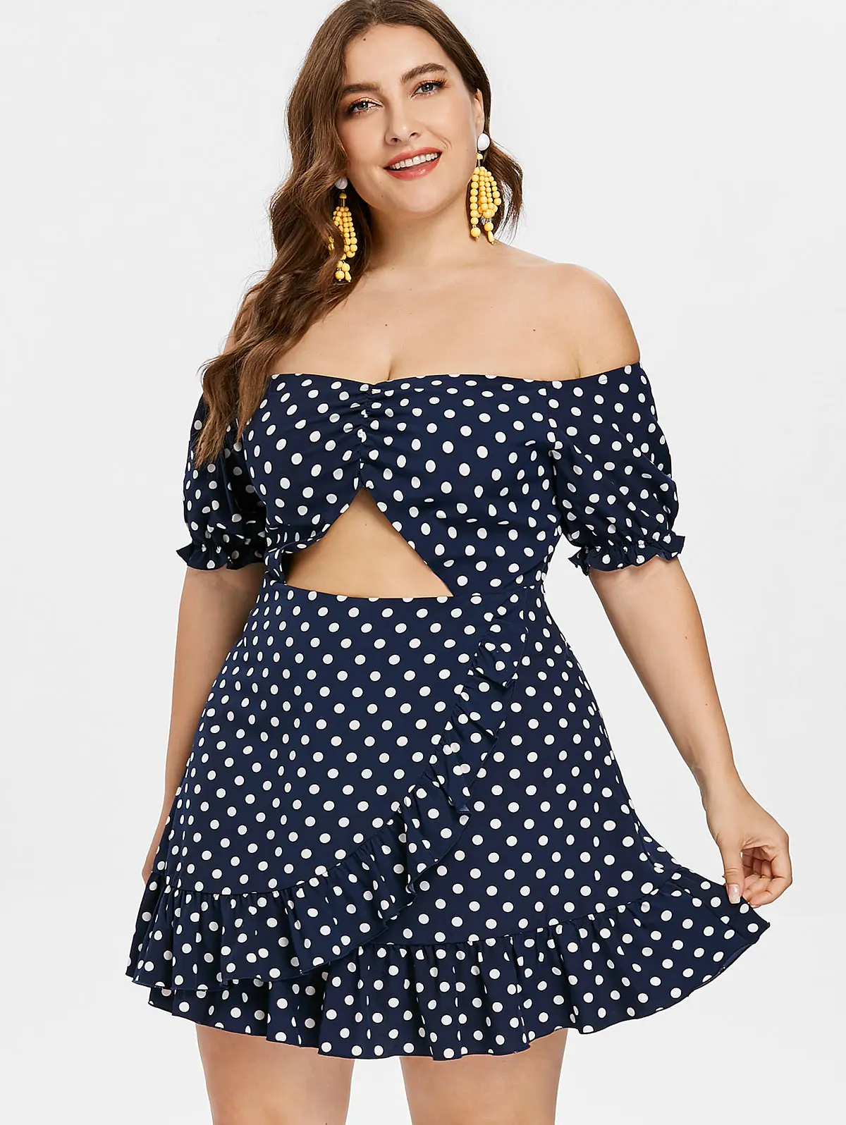 Gamiss Plus Size Polka Dot Women Summer Casual Sexy Ruffle Elegant Mini 