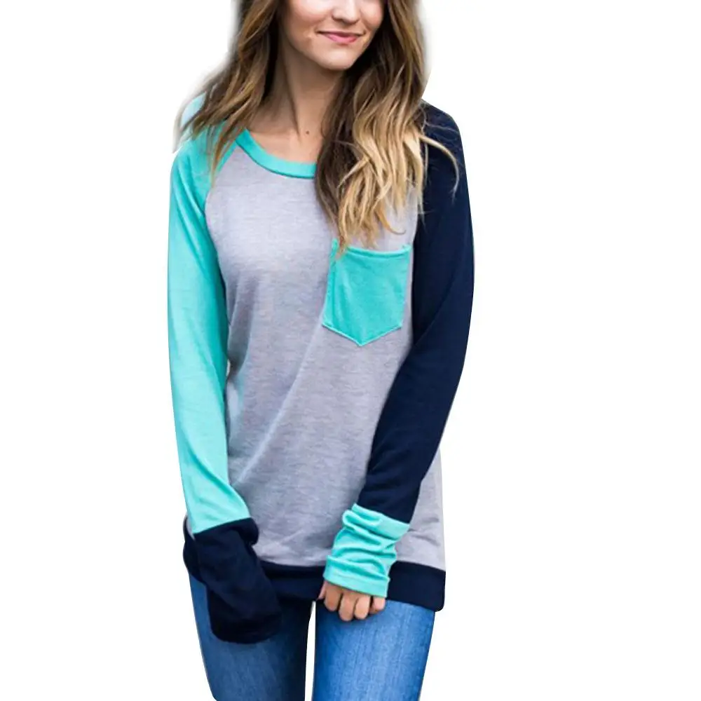 Autumn Women Color Block Pocket Long Sleeve Baseball T Shirt 2018