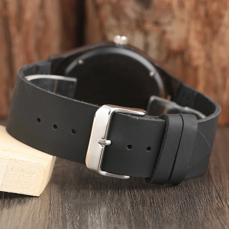 Unique Full Black Men's Ebony Wood Watch Luxury Gifts Light Bamboo Analog Quartz Wristwatch with Genuine Leather Reloj de madera 2017 2018 Christmas Gifts for Men (10)
