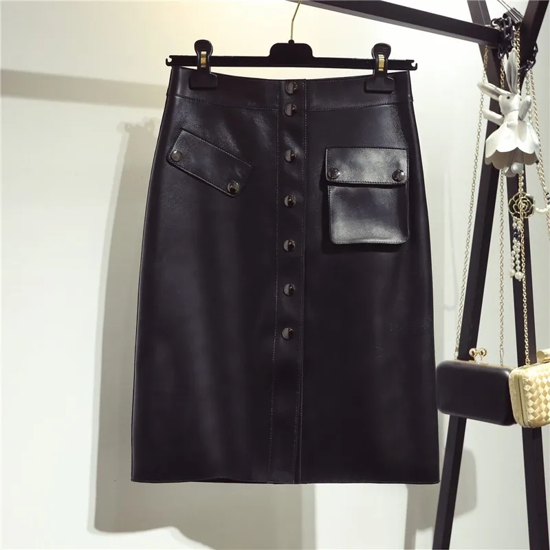 Top Quality Genuine Leather Womens Knee Length Skirts High Waist Single Breasted Pockets Office Ladies Sheepskin A-Line Skirts - Color: black