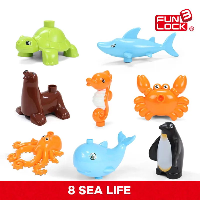 Детские игрушки Funlock Duplo 8 шт./компл. серия Deep Ocean Акула китовый Краб Пингвин