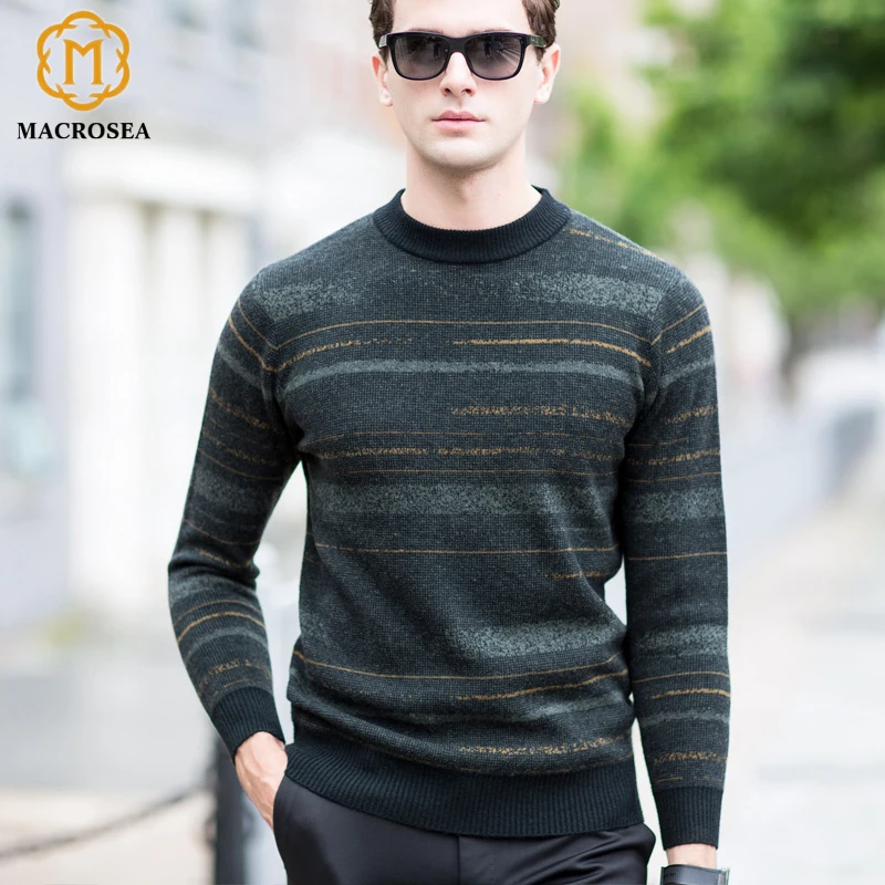 

MACROSEA Men's Fashionable Pullover 100% Merino Wool Comfortable Knitwear Sweaters Leisure Style Patchwork Men Sweater 8099