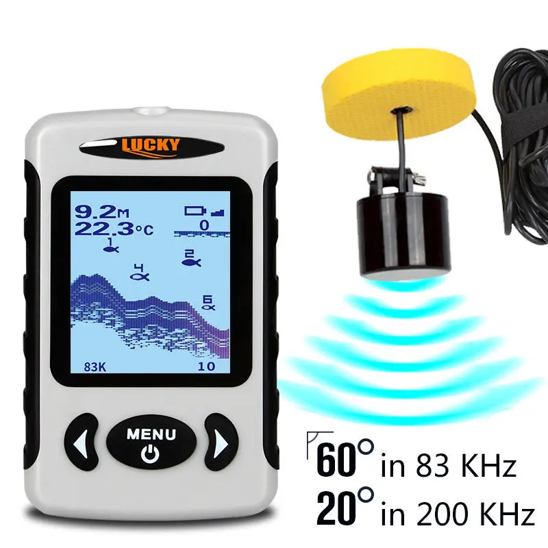 

LUCKY FF718D 60 Degree 2.2 CD White LED Wired Sonar Alarm 100M/328FT Depth Fish Finder FF718D 200/80KHz English/ Russian/Deutsch