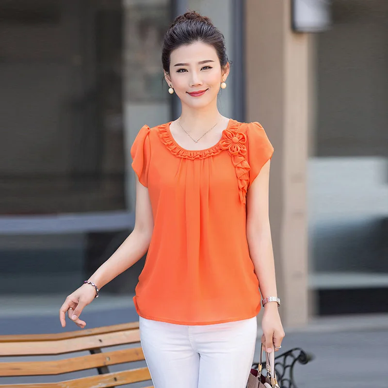 

new Mother clothing summer chiffon T-shirt middle age women fashion short-sleeve top plus size clothes pleated loose shirt
