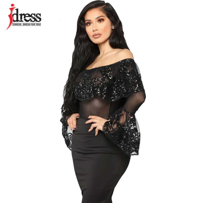 IDress Stylish Sexy Women Lace Sequined Bodysuit Combinaison Femme Slash Neck Long Sleeve Siamese Shorts Women Sexy Jumpsuit (1)