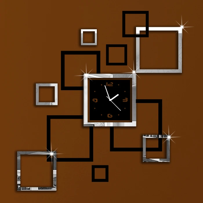 Hollowed Square Two Colors Art Modern Luxury Design DIY Removable 3D Crystal Mirror Wall Clock Wall Sticker Bedroom Decor