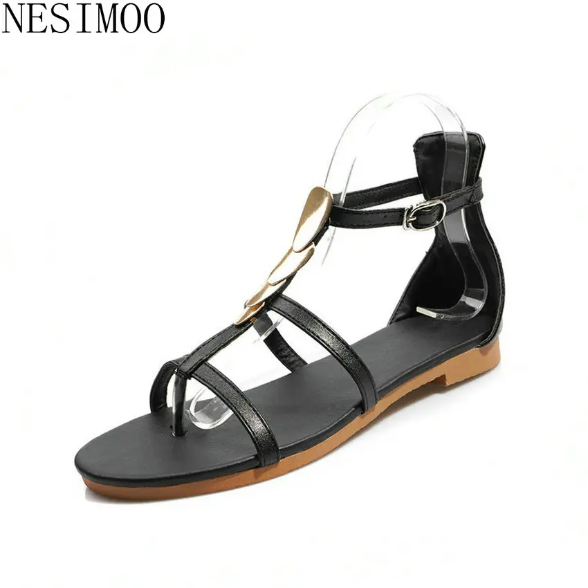 

NESIMOO 2019 Open-toed Buckle Summer Casual Women Shoes PU Leather Metal Decoration Flat Heel Sandals Sliver Black Size 34-43