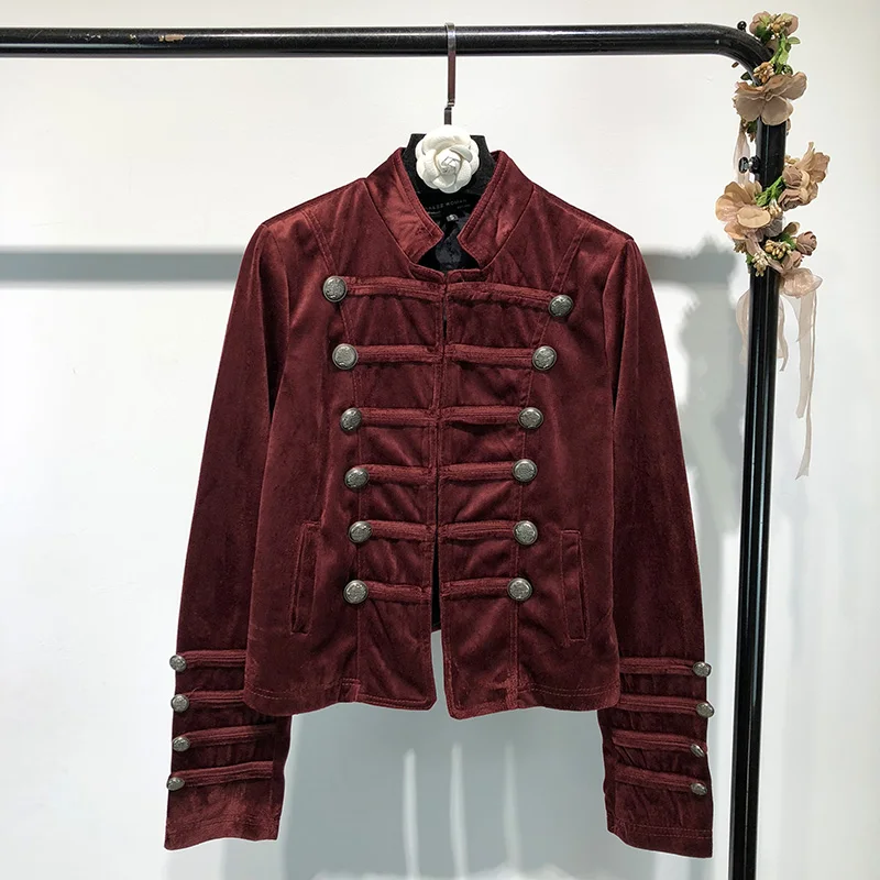 

2019 Spring Vintage Milittary Style Double-breasted Velvet Jacket Women Stand Collar Casual Chic Basic Coat Street Outwear