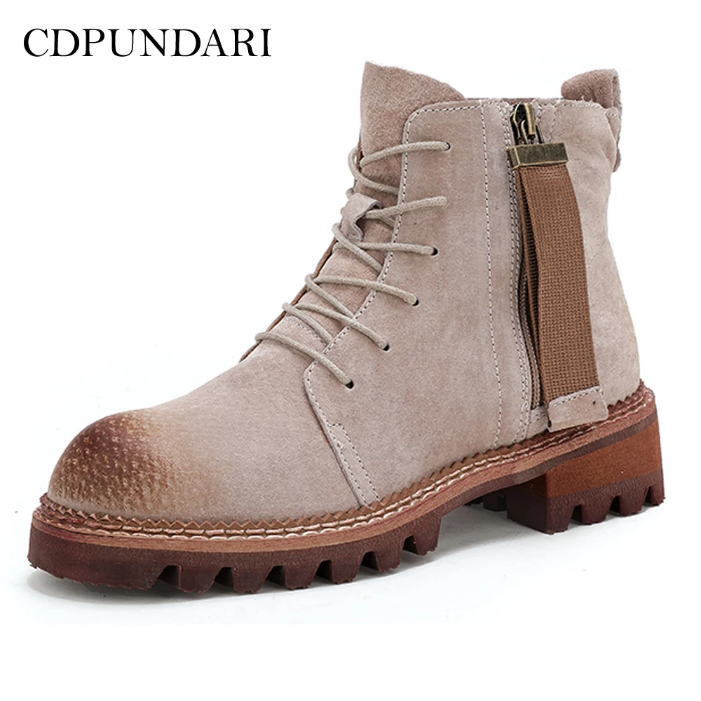 

CDPUNDARI Lace Up Genuine Leather Ankle boots for Women Low heel Motorcycle boots Ladies Winter shoes woman