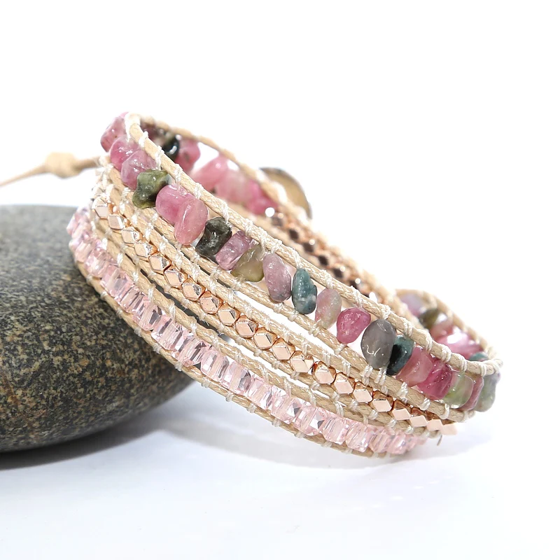 

2019 Wrap Bracelets Natural Stones Crystal Amazonite Charm 3 Strands Handnade Exquisite Buckle Leather Bracelet