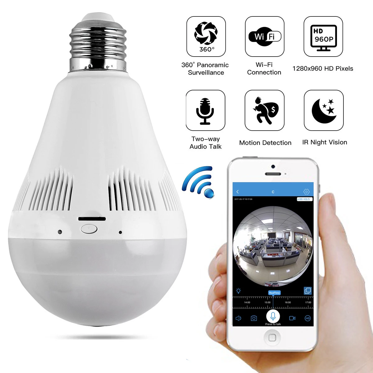 

WIFI IP led lighting bulb CCTV camera 360 degree Panoram fisheye 1.3MP night vision infrared wireless