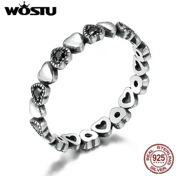 

WOSTU Hot Sale 925 Sterling Silver Forever Love Heart, Black CZ Stackable Rings For Women Fine Brand Jewelry Gift BKR140