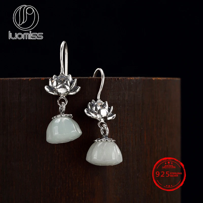 

S925 Sterling Silver Thai Silver Lotus Inlaid natural Hetian white lotus pendant earring wholesale