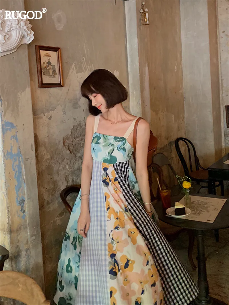 

RUGOD 2019 summer women aquare collar spaghetti strap floral dresses patchwork sleeveless dresses sweet girl casual vestidos