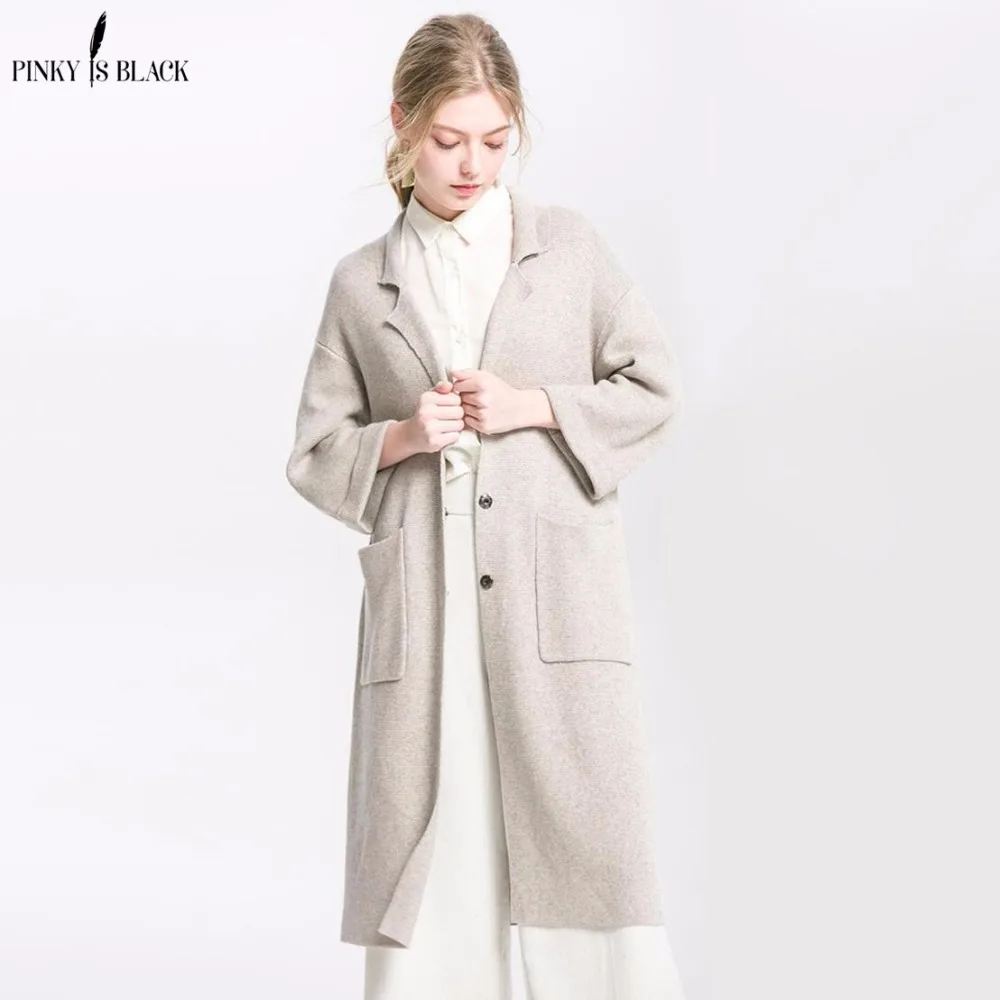 ^Cheap Pinky Is Black Long Sweater Coat 2018 Autumn Winter Knitted Women Sweater Cardigan Fashion Pockets Elegant Women Clothing Jacket