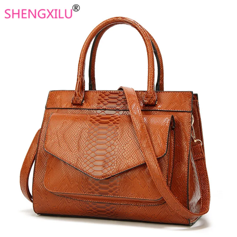 

Shengxilu 2019 New Serpentine Pattern PU Leather Women Handbag Big Simple Ladies Shoulder Bags Candy Color Women Messenger Bags