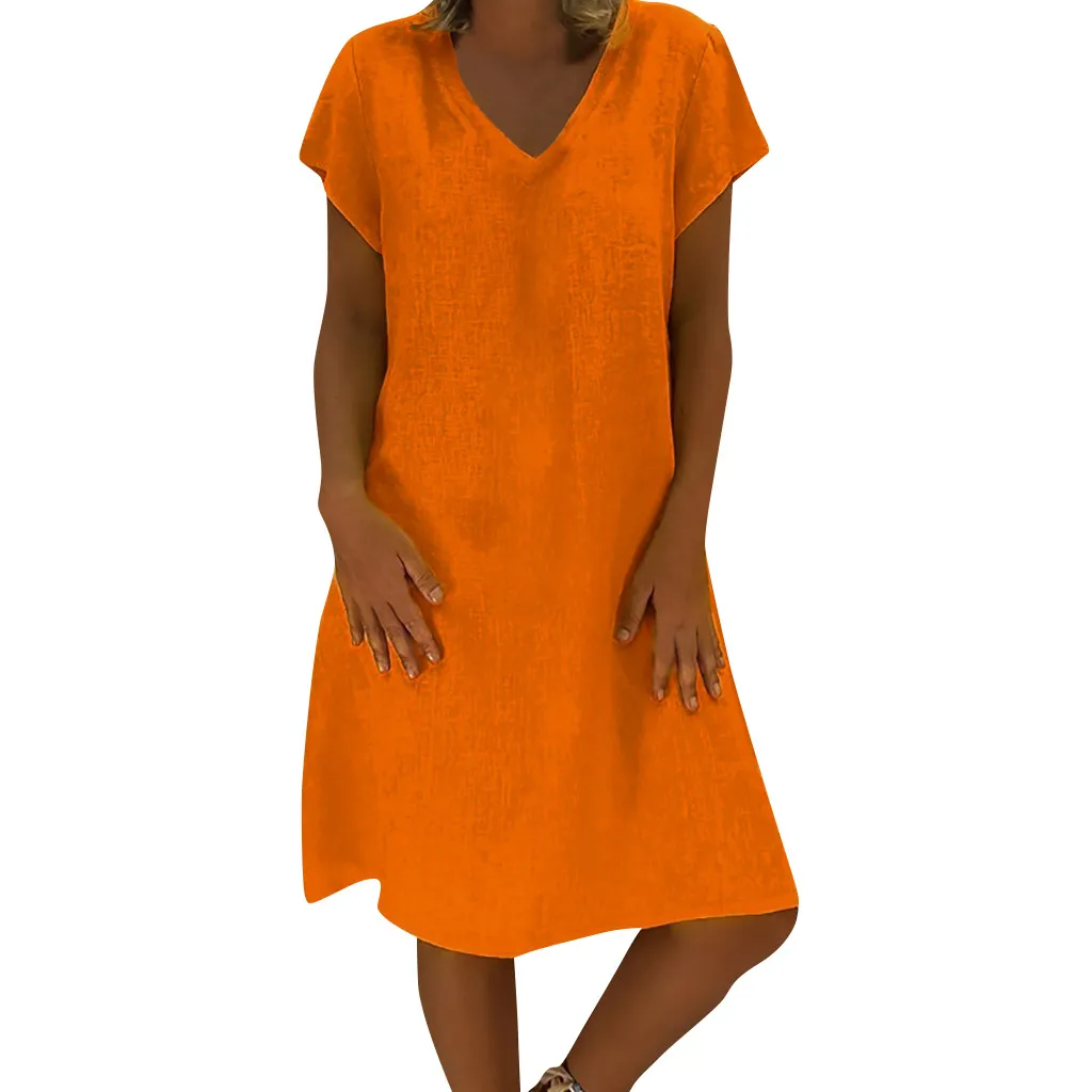 JAYCOSIN Spring New Casual V-Neck Cotton and Linen Dress Women Summer Style Cotton Casual Plus Size Ladies Dress 2020