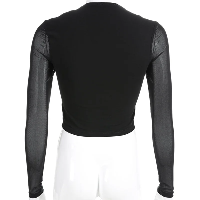 Europe Women Square Collar Beading Buckle Sexy T-shirt Black Long Sleeve Crop Tops Short Fashion Streetwear Slim Mesh T-Shirts Europe Women Square Collar Beading Buckle Sexy T-shirt Black Long Sleeve Crop Tops Short Fashion Streetwear Slim Mesh T-Shirts