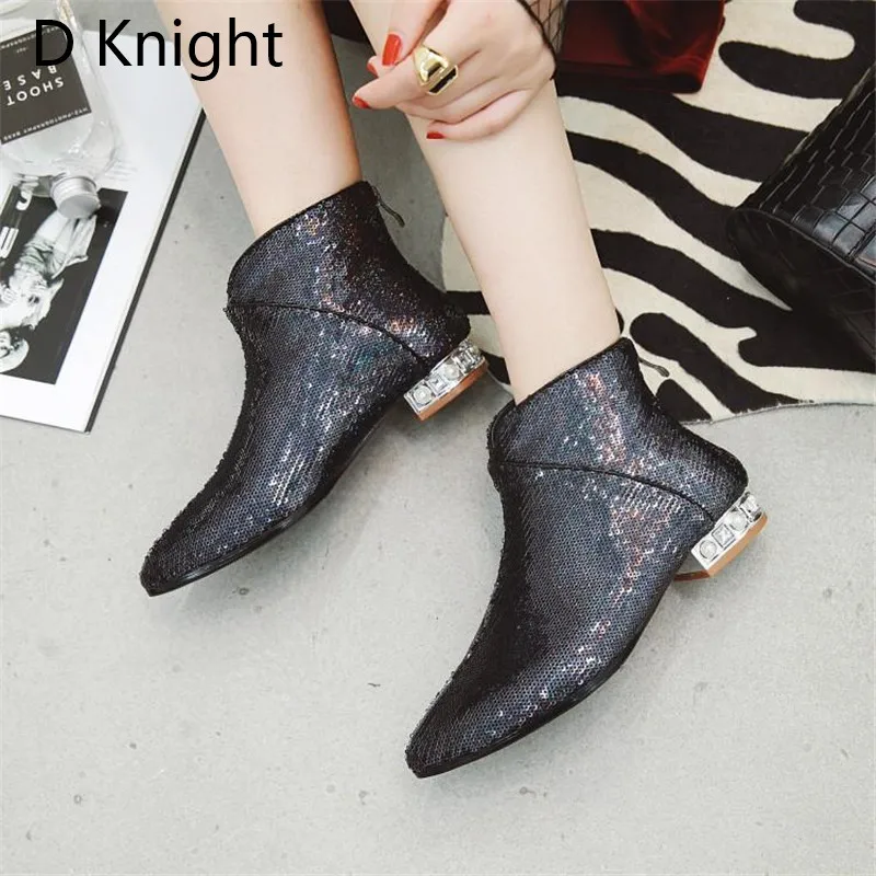 Plus Size 32-43 Women's Chelsea Boots Autumn Winter 2018 New Ankle Boots For Women Rhinestones Comfortable Sequins Ladies Shoes (17)