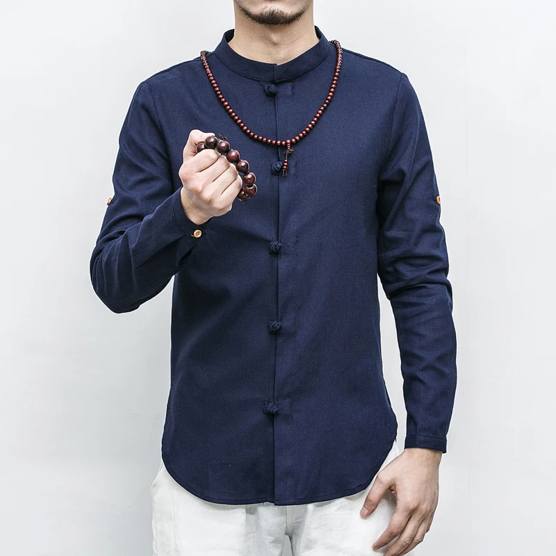 

BONJEAN Cotton and linen shirt with Chinese style disc button design Japanese casual men's shirt with long sleeves streetwear